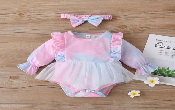 

baby clothes girls dress romper headbands 2pcs rainbow ruffle mesh infant jumpsuits long sleeve newborn bodysuit children clothi2321723, Blue