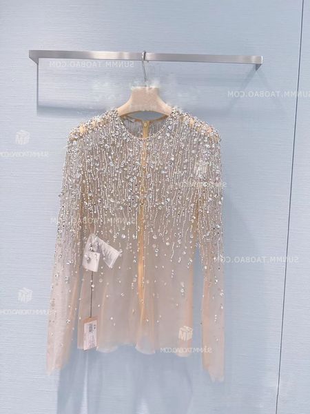

women's blouses shirt fairy sequined blouse see through mesh blusas shirt long sleeve pearls beading tuxedo large 230705, White