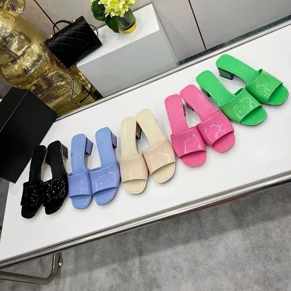 

2023 designer pure color square head slides slippers womens luxury 100% leather outdoor colorful fashion sandals ladys shallow mouth low-hee, Black