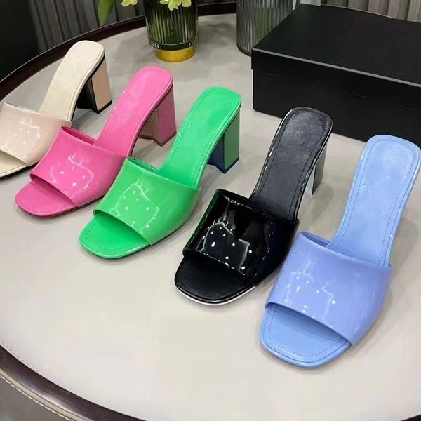 

2023 designer pure color square head slides slippers womens luxury 100% leather outdoor colorful fashion sandals ladys shallow mouth high-he, Black