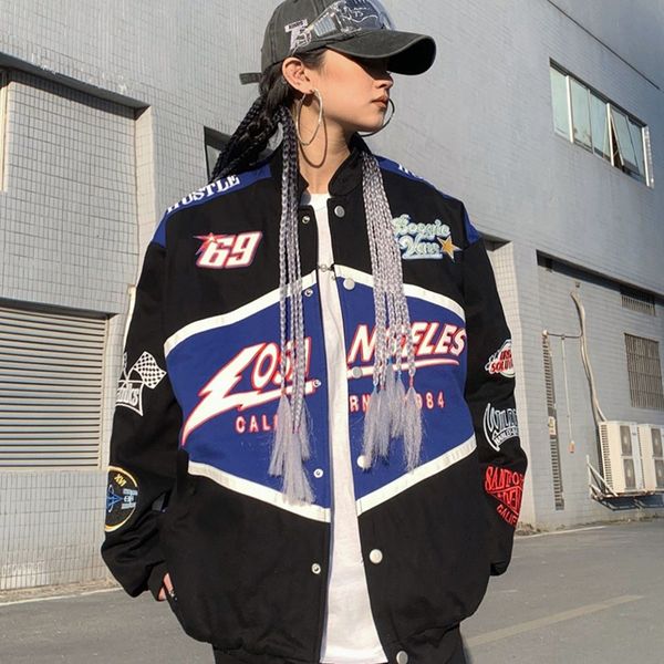 

women's leather faux leather american embroidery bombers coat spring autumn hip hop high street long sleeve bomber varsity racing woman, Black
