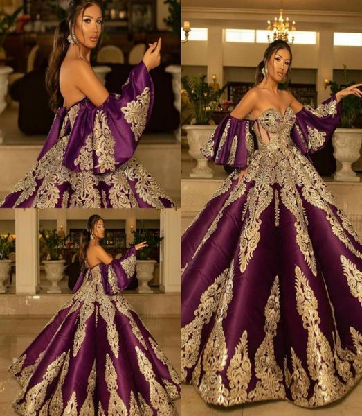 

african puffy ball gown wedding dresses flare sleeves saudi arabic off shoulder gold lace appliqued bridal gowns plus size3228161, White