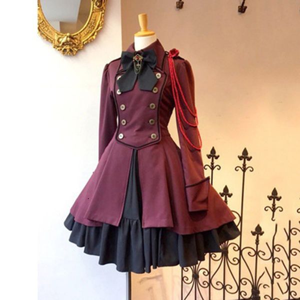 

theme costume medieval retro gothic black lace up chain bow lolita coat long sleeves ruffle classic dress halloween cosplay 230705, Black;red
