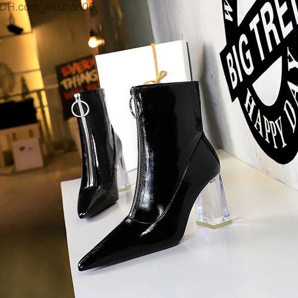 

dress shoes bigtree fashion club glossy patent leather front zipper party shoes women's ankle boots crystal square heel ankle boots z23, Black