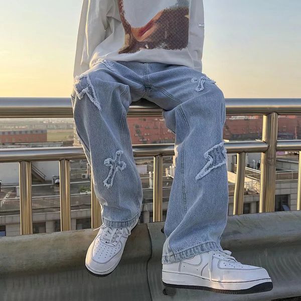 

men's jeans y2k plus size wide leg denim trousers loose straight luxury jeans youth street casual cross embroidery hip hop pants, Blue