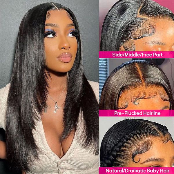 

13x6 hd lace frontal wig 26 inch human hair wig transparent straight lace front wigs human wigs, Black;brown