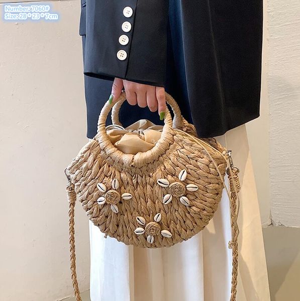 

Factory wholesale ladies shoulder bags 2 colors summer cool hollow woven beach bag outdoor holiday straw leisure backpack small fresh shell fashion handbag, Khaki-7060#