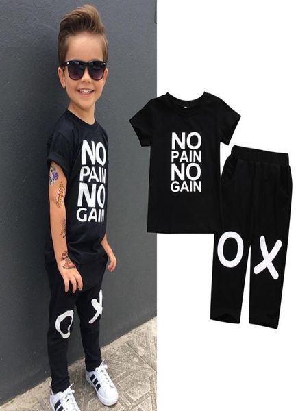 

summer suit kids baby boy outfits short sleeve no pain no gain letters printed tshirt pants black children clothing 2 pcs set8334575, White