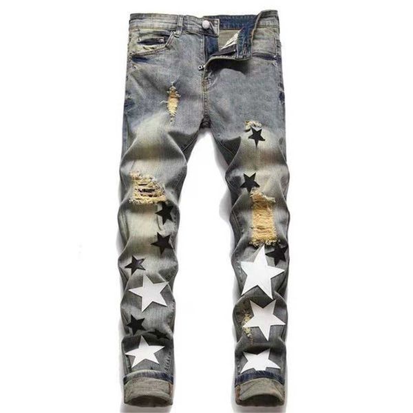 

trendy high street mens jeans pants fashion designer blue hole washed casual fit straight leg pant youth rivet print patch black jean embroi