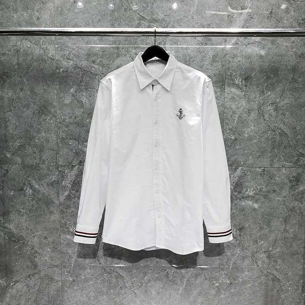 

tb thom men's shirts cotton sleeve stripes anchor embroidery white blouses 2023 korean fashion design spring, White;black