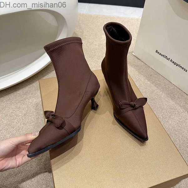 

dress shoes spring 2023 new pointed toe women's ankle boots fashion bow tie women's elegant short boots thin high heel pump s z230, Black