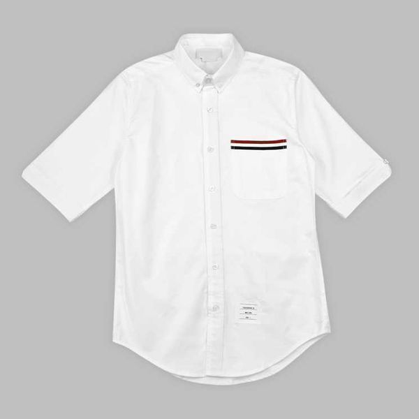 

2023 fashion tb thom brand shirts men slim white pocket stripes short casual shirt turn down collar oxford solid men's clothing, White;black