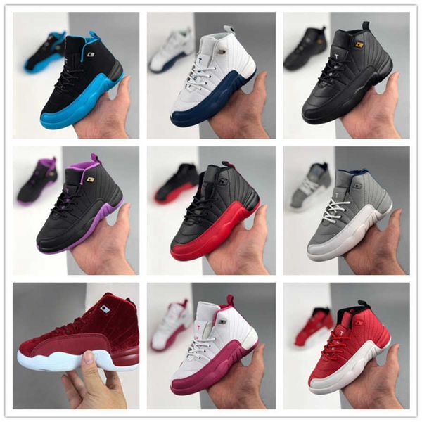 

quality jumpman j12 kids basketball shoes 12s xii taxi dark grey vivid pink french blue gym red the master flu game sneaker children chaussu, Black