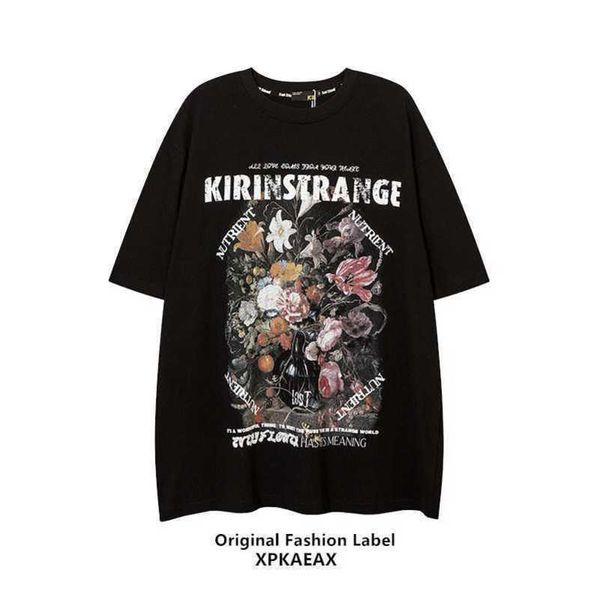 

stussys original fashion brand china-chic flower print oversize loose short sleeve men's and women's loose slouchy t-shirts, White;black