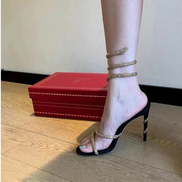

rene caovilla margo heels sandals rhinestone embellished snake stiletto heel sandals women's luxury designers ankle wraparound shoe fac, Black