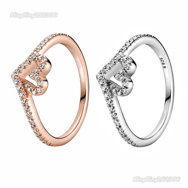 

rose gold 925 sterling silver bone heart ring women girls wedding jewelry for pandora cz diamond love rings with original retail box, Slivery;golden