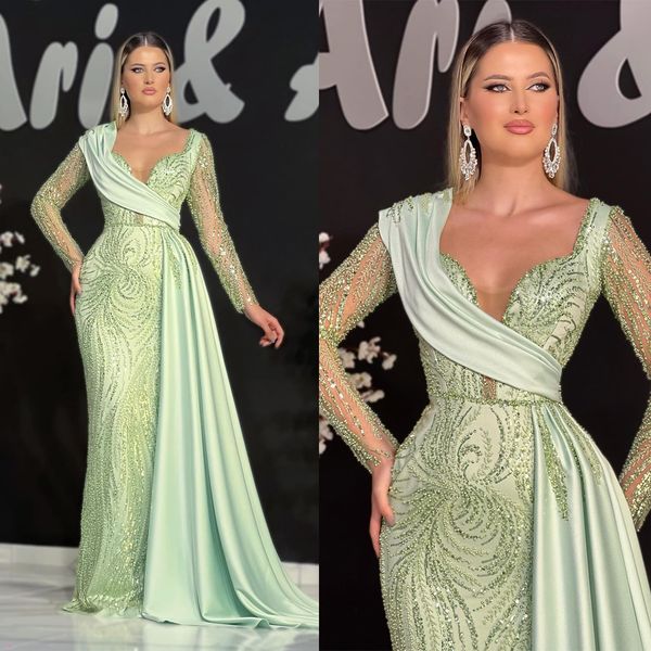 

glamorous mermaid prom dresses art neck long sleeves beads applicants pleats backless court gown satin custom made plus size party dress ves, Black