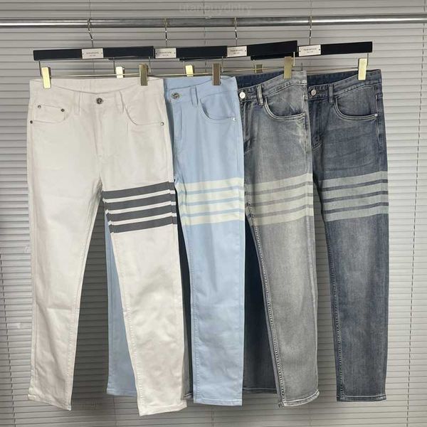 

men's jeans fashion tb thom brand jeans men spring summer jeans business casual slim fit thin denim trousers striped straight pants mal, Blue