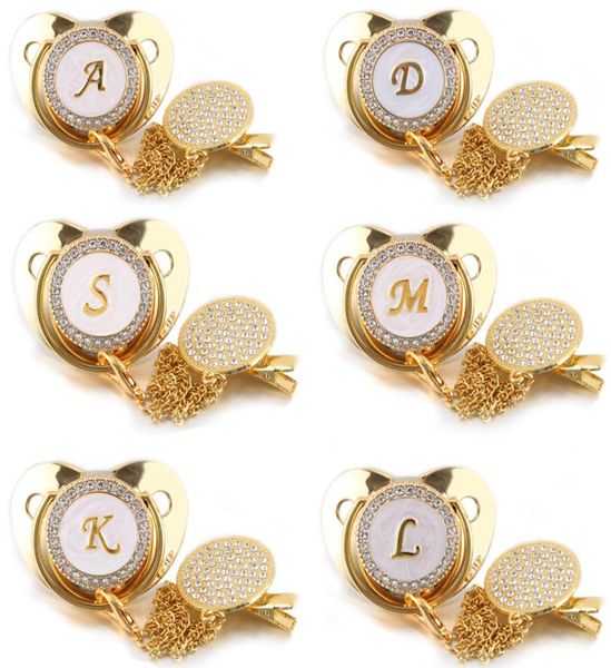 

baby bling nipple pacifiers diamond chain with 26 gold metal letters newborn feeding infants kids gift3351800