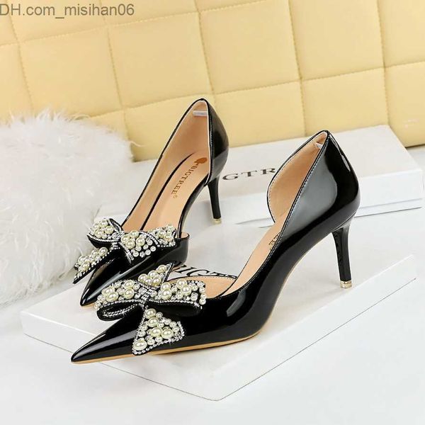 

dress shoes bigtree 2023 pointed string bear butterfly knot slender high heel single shoe women's pu spring/summer wedding dress zapato, Black