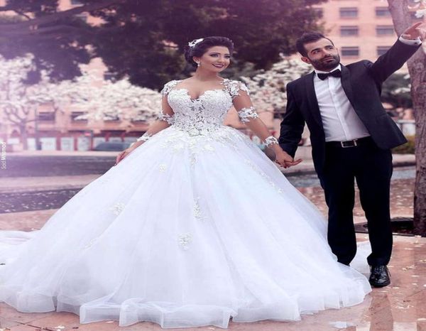 

long sleeve princess wedding dresses vestidos de noiva court train vintage style applique organza lace bridal gowns ball gown cust7198054, White