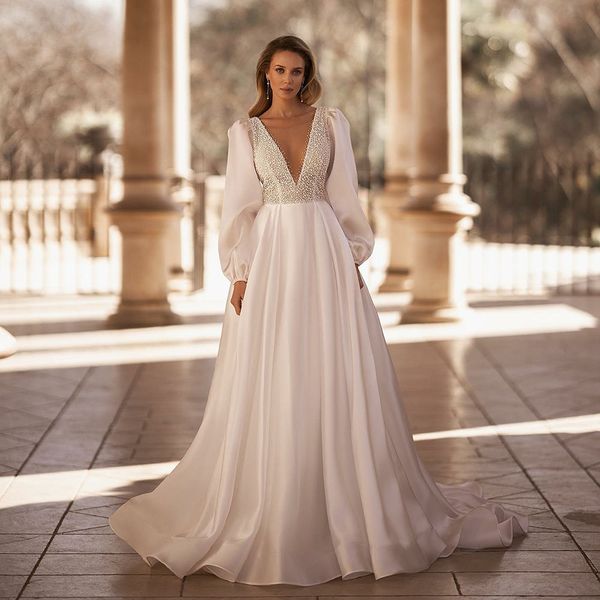 

elegant pearls a line wedding dresses sheer neck backless puffy sleeve bridal gown plus size bohoemian vestiod de mariee, White