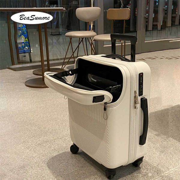 

beasumore front opening usb rolling luggage spinner 20 inch light suitcase wheel cabin trolley women's handbag travel bag 230706