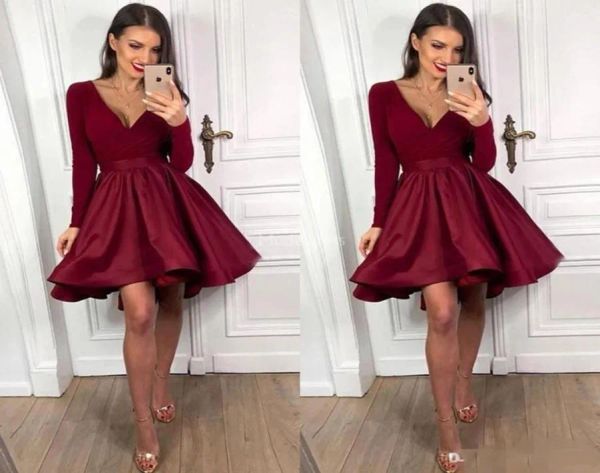 

2023 burgundy prom dresses satin a line long sleeves above knee length deep v neck custom made ruched evening party gowns vestidos plus size, Black