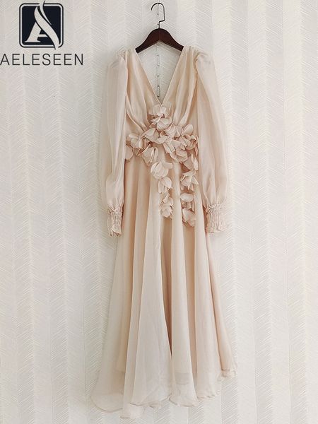 

basic casual dresses aeleseen women spring summer dress runway fashion v neck 3d appliques backless long sleeve white apricot elegant party, Black;gray
