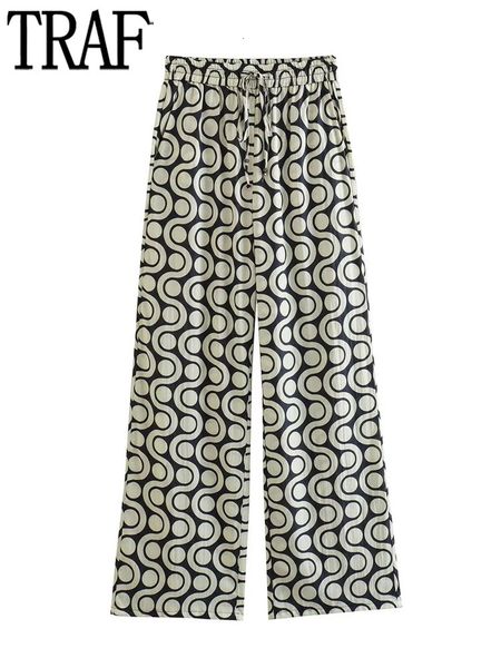 

women's pants capris traf print wide leg pants for women pleated mid waist woman trousers geometric baggy pants woman summer casual wom, Black;white