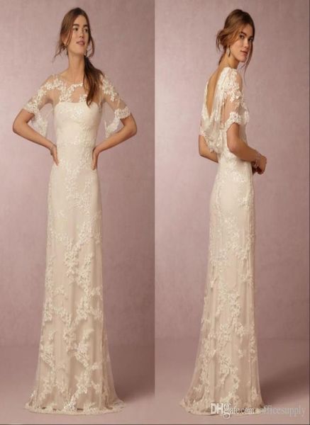 

simple lace wedding dresses with short sleeves bridal gowns cowl back illusion boatneck column a line beach wedding gowns cu3102207, White