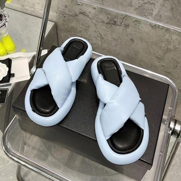 

luxury brand ladies slippers cross strap thick bottom bread sandals designer leather flat bottom flip flops summer outdoor beach shoes, Black
