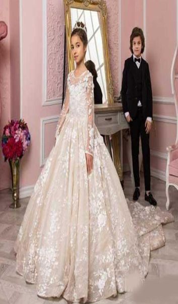 

2020 new princess flower girl dresses for weddings jewel neck lace applique puffy court train little kids baby gowns first communi1765693, White;red