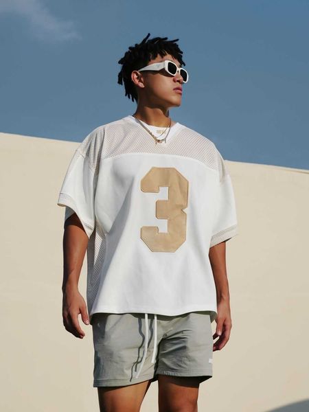 

designer men's t-shirt summer new american retro street loose patch mesh patchwork olive suit short-sleeved t-shirt, White;black