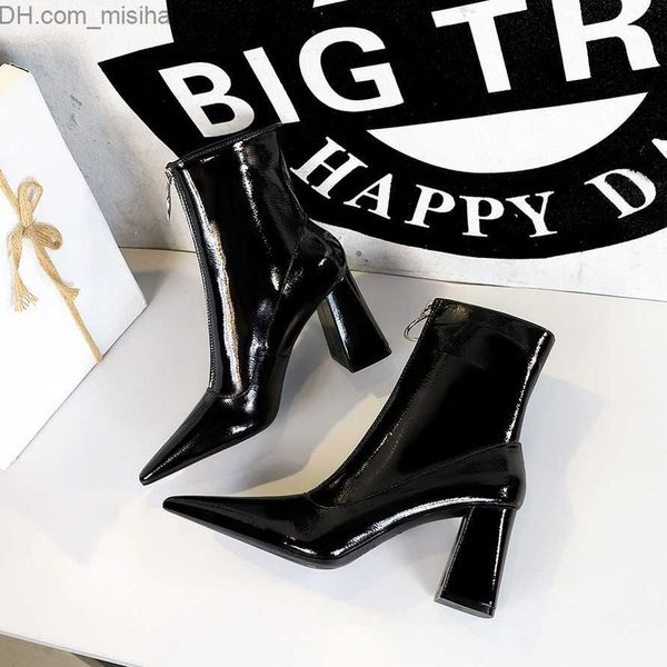 

dress shoes bigtree patent leather high heels women's pointed toe square toe foot boots fashion autumn/winter warm women's boots z, Black