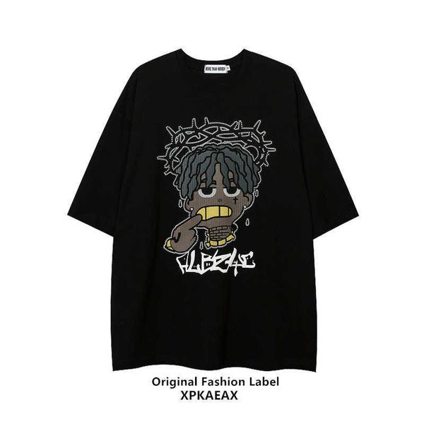 

fashion stussys brand american cartoon print couple lazy t-shirt oversize china-chic short sleeve spaceman yu, White;black