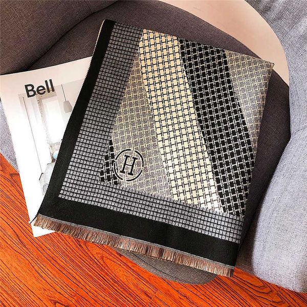 

designer hemrres scarf 2023 autumn winter korean version double sided h home imitation cashmere women's thickened warm shawl, Blue;gray