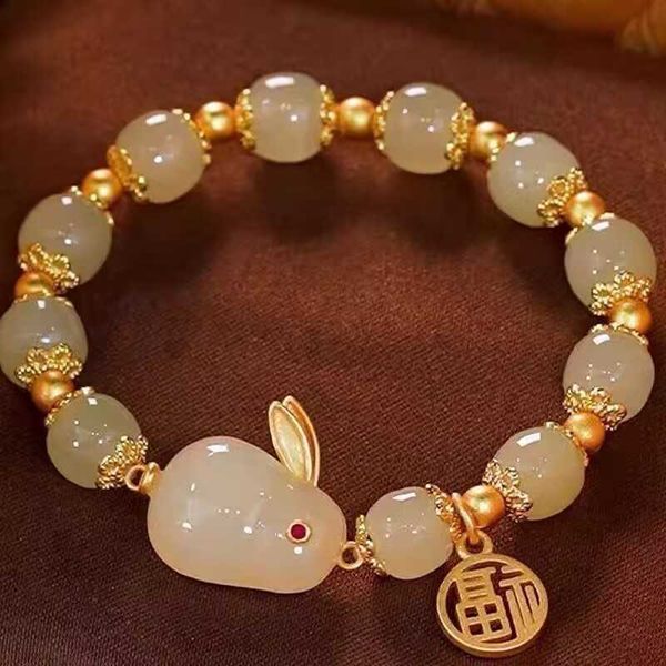 

new chinese jade rabbit bracelet for women's ins small design high beauty student handchain friend's ancient birthday gift, Golden;silver
