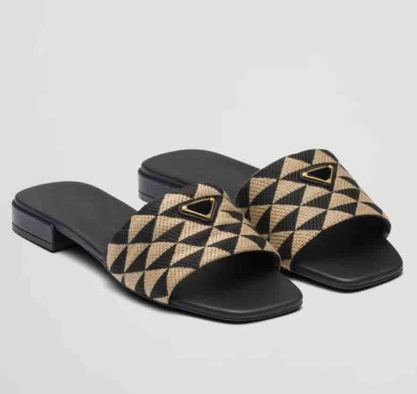 

embroidered fabric brand woman sandal slides triangle printed fabric slippers women sandal triangle slipper slide flat genuine leather rubbe, Black