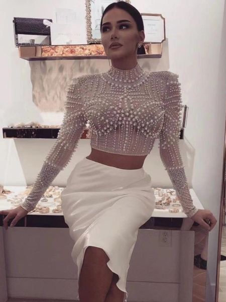 

women's t shirt arrival women designer beading mesh long sleeve t shirts ladies black nude tees 230705, White