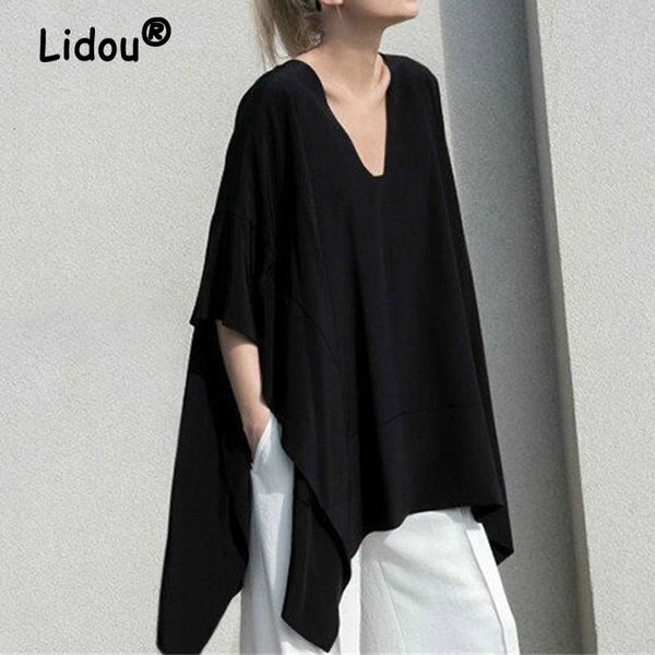 

men's t-shirts summer fashion chic v-neck irregular black t-shirts casual loose women's clothing batwing sleeve oversized 5xl fem, White;black