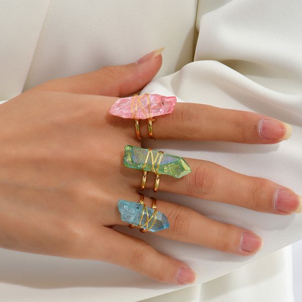 

band rings fashion pink clear crystal irregular polygon rings for women men gold color wire wrapped natural stone open rings adjustable 2307, Silver