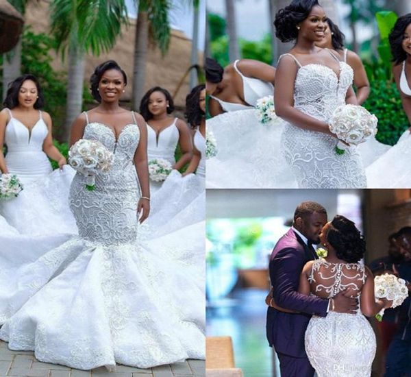 

2020 plus size mermaid wedding dresses lace appliqued beaded ruffles country wedding dress sweep train vestidos de novia vintage b9713533, White