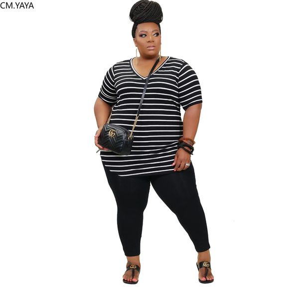 

women's plus size pants cmyayaya xl5xl striped printed vneck tshirt jogging set two piece sports matching 230705, Black