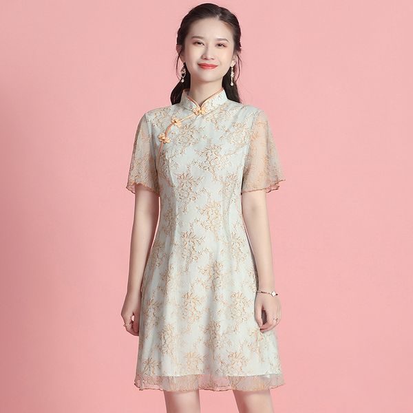 

double color lace improved cheongsam short sleeved standing neck cheongsam dress, new summer fashion retro women's clothing, White