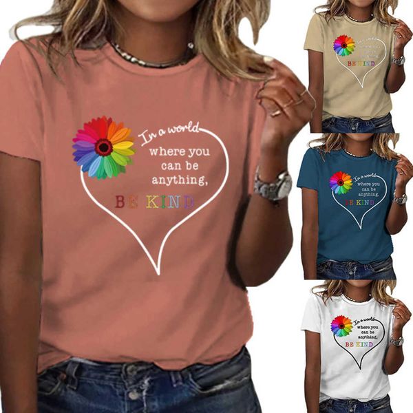 

2023 colorful love printed t-shirt spring/summer new women's pullover short sleeve woman clothes women cotton blouse plus size, White