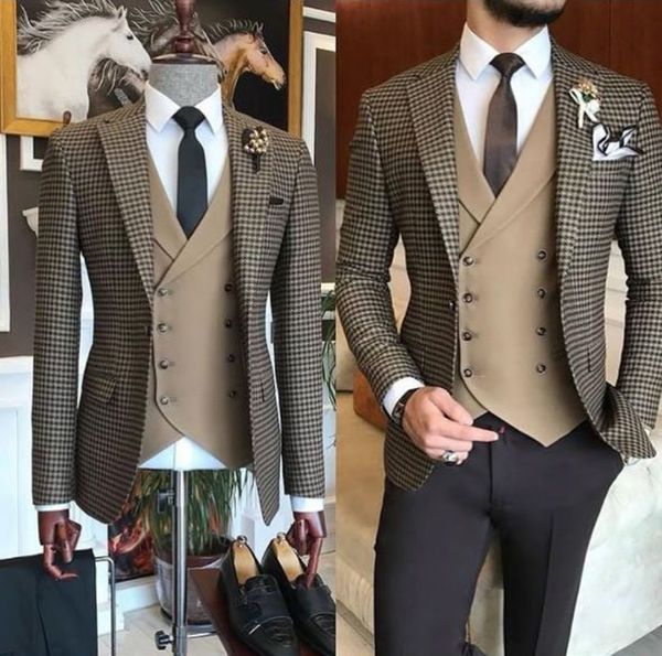 

men's suits blazers brown small square blazer trousers lattice pattern plaid wedding wear clothing slim fit outfit 3pc jacket pants ves, White;black