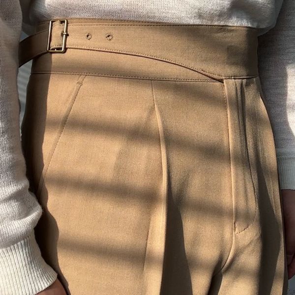 

men's pants 2023 spring business versatile belt trouser gentleman paris button pant fashion mens dress high waist straight men 230705, Black