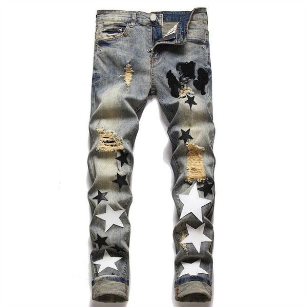 

designer mens purple jeans stacked jeans for mens hip hop zipper hole wash jean pants retro torn fold ing men design motorcycle riding941, Blue