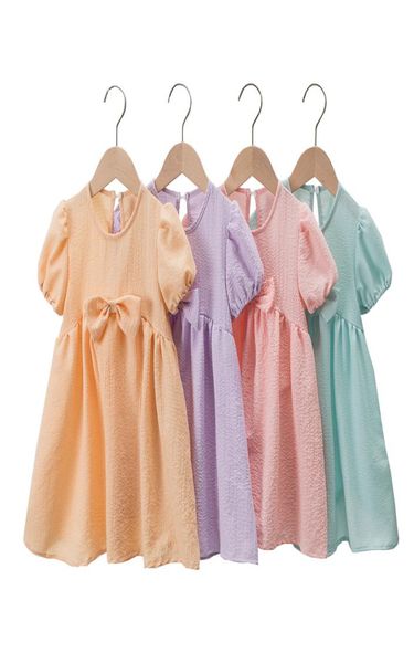 

summer kids girls bow dress puff sleeve macaron color children princess dresses clothes m41468716628, Red;yellow